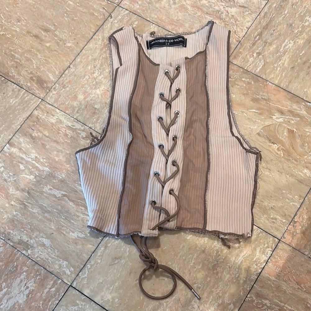 Cream Tan Sleeveless Tie Up Tank Top